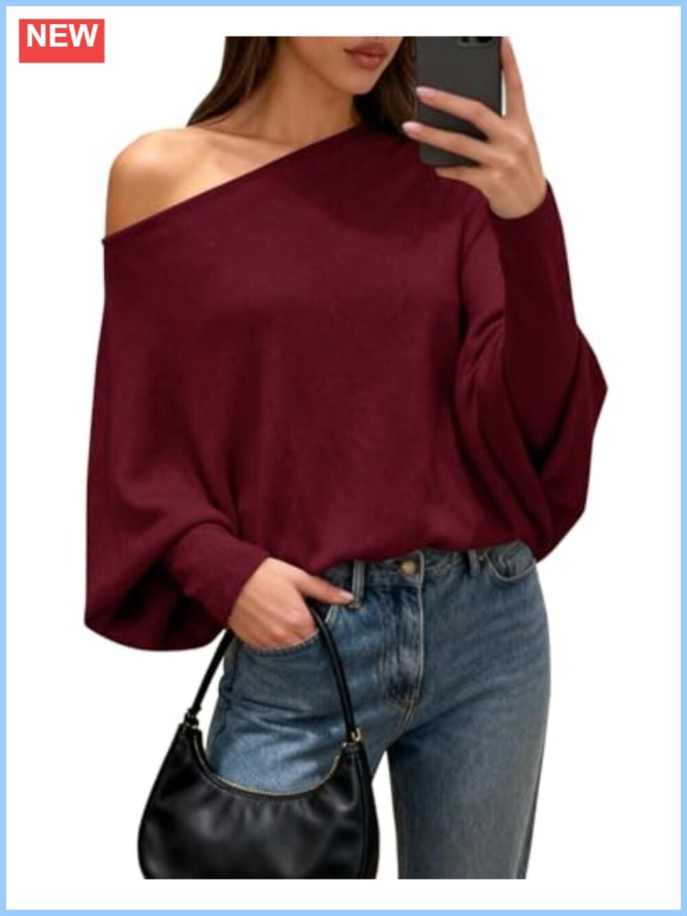 Off The Shoulder Knit Pullover Sweater Batwing Sleeve Chunky Loose Fit Fall